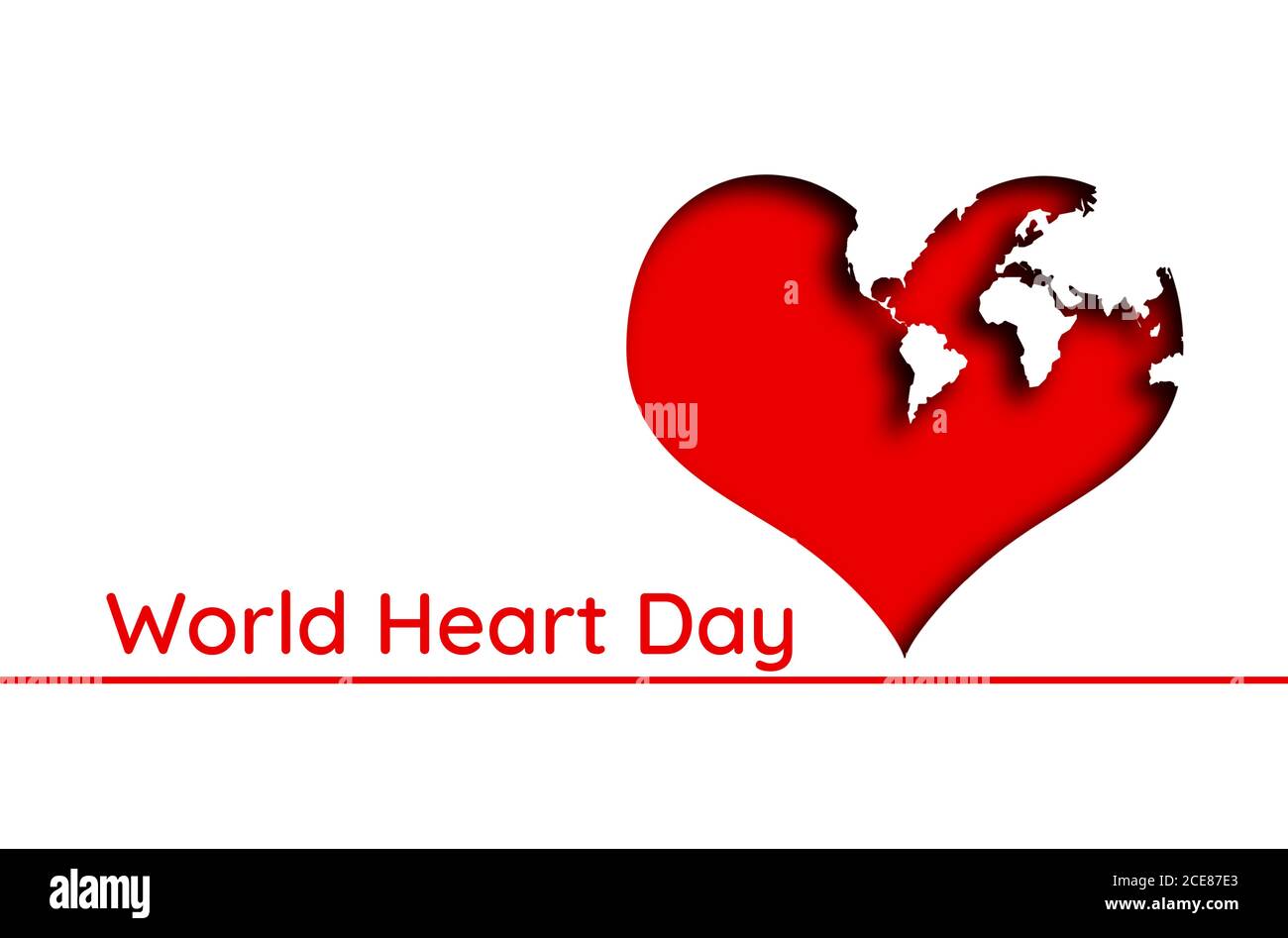 Un coeur rouge avec des continents représentés sur lui, sur un fond blanc. Texte. Concept de journée mondiale du coeur. Banque D'Images