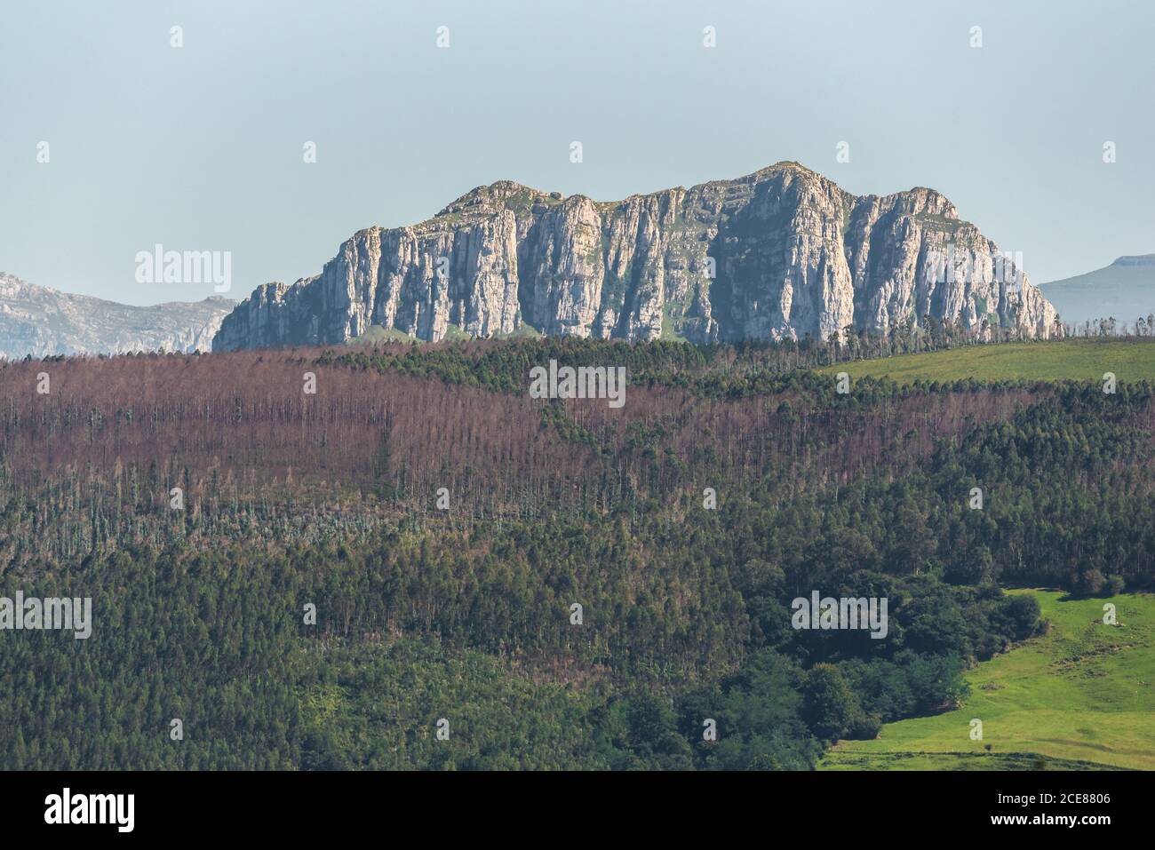 Paysage pittoresque de vallée de montagne avec forêt verte et prairies entouré de rochers majestueux sous un ciel bleu clair Banque D'Images