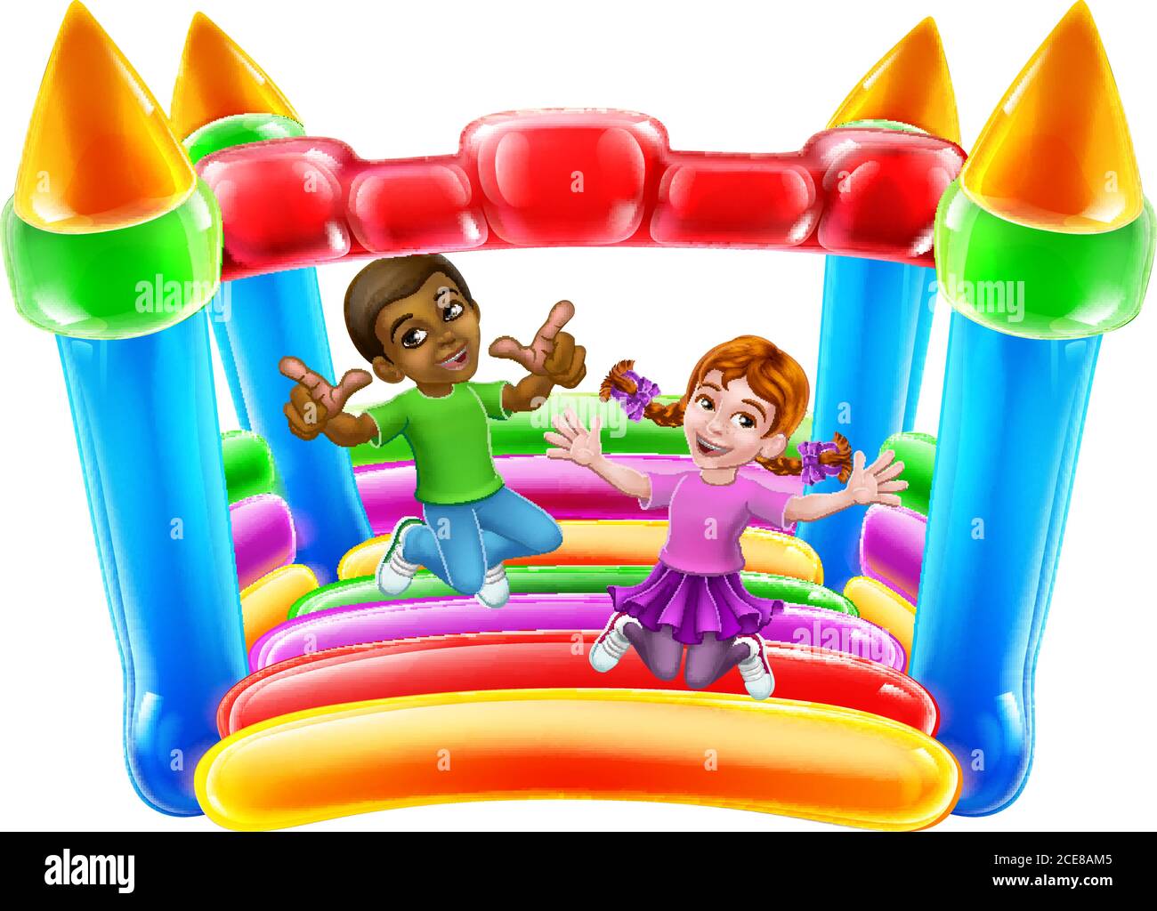 Bouncy House Castle Jumping Girl Boy enfants Cartoon Illustration de Vecteur