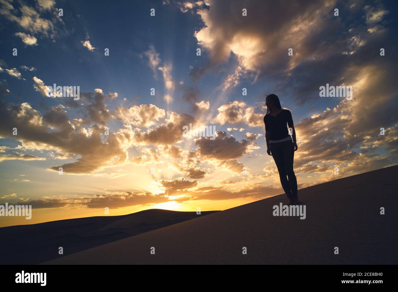 Femme touriste se promenant dans un terrain sablonneux dans le désert avec sec surface ondulée sous ciel nuageux au coucher du soleil Banque D'Images