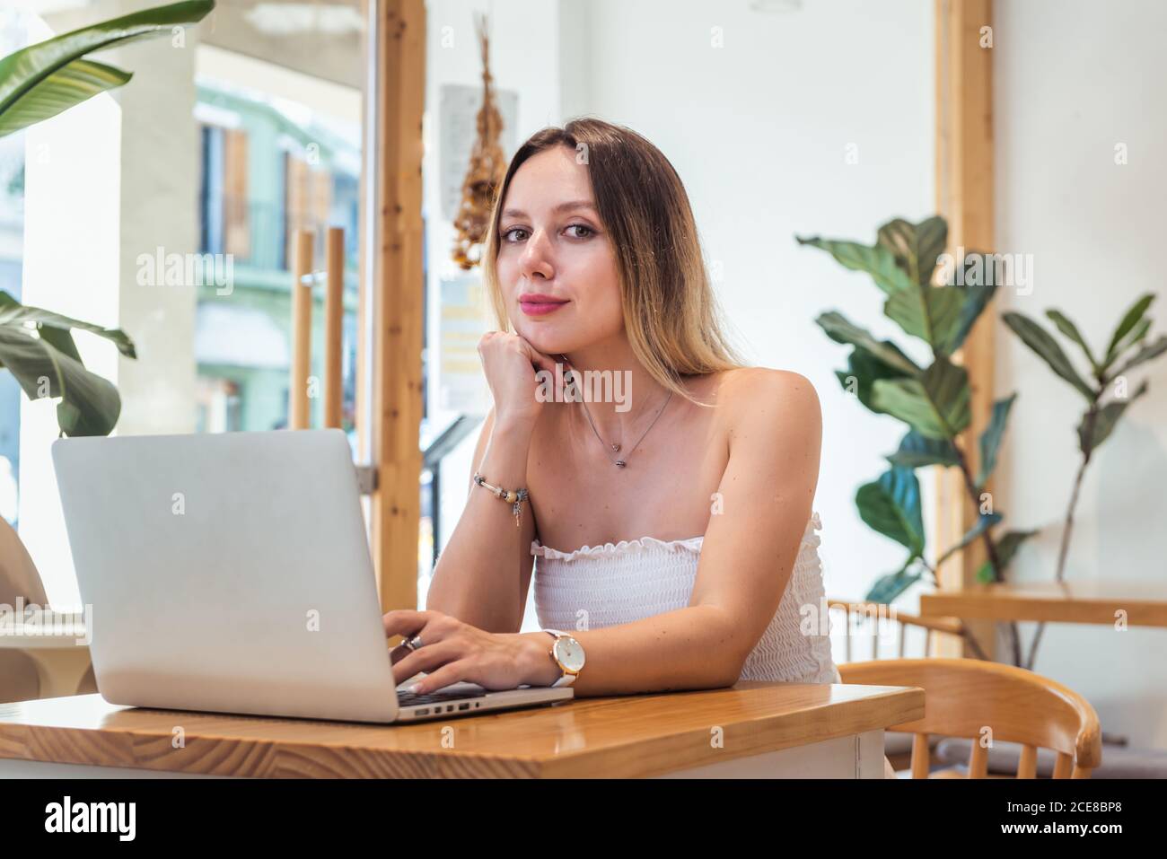 Jeune femme confiante indépendante en tenue d'été travaillant sur un ordinateur portable et regarder la caméra tout en étant assis dans un café moderne Banque D'Images