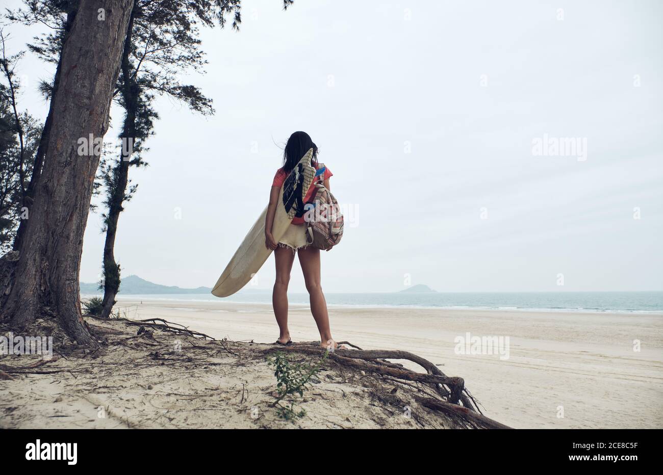 Vue arrière d'une jeune femme de surf méconnaissable en tenue estivale marcher sur une plage de sable et porter une planche de surf contre un bleu calme vue sur la mer Banque D'Images