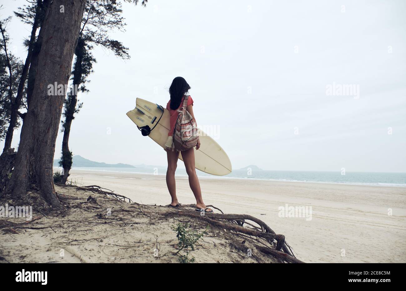 Vue arrière d'une jeune femme de surf méconnaissable en tenue estivale marcher sur une plage de sable et porter une planche de surf contre un bleu calme vue sur la mer Banque D'Images
