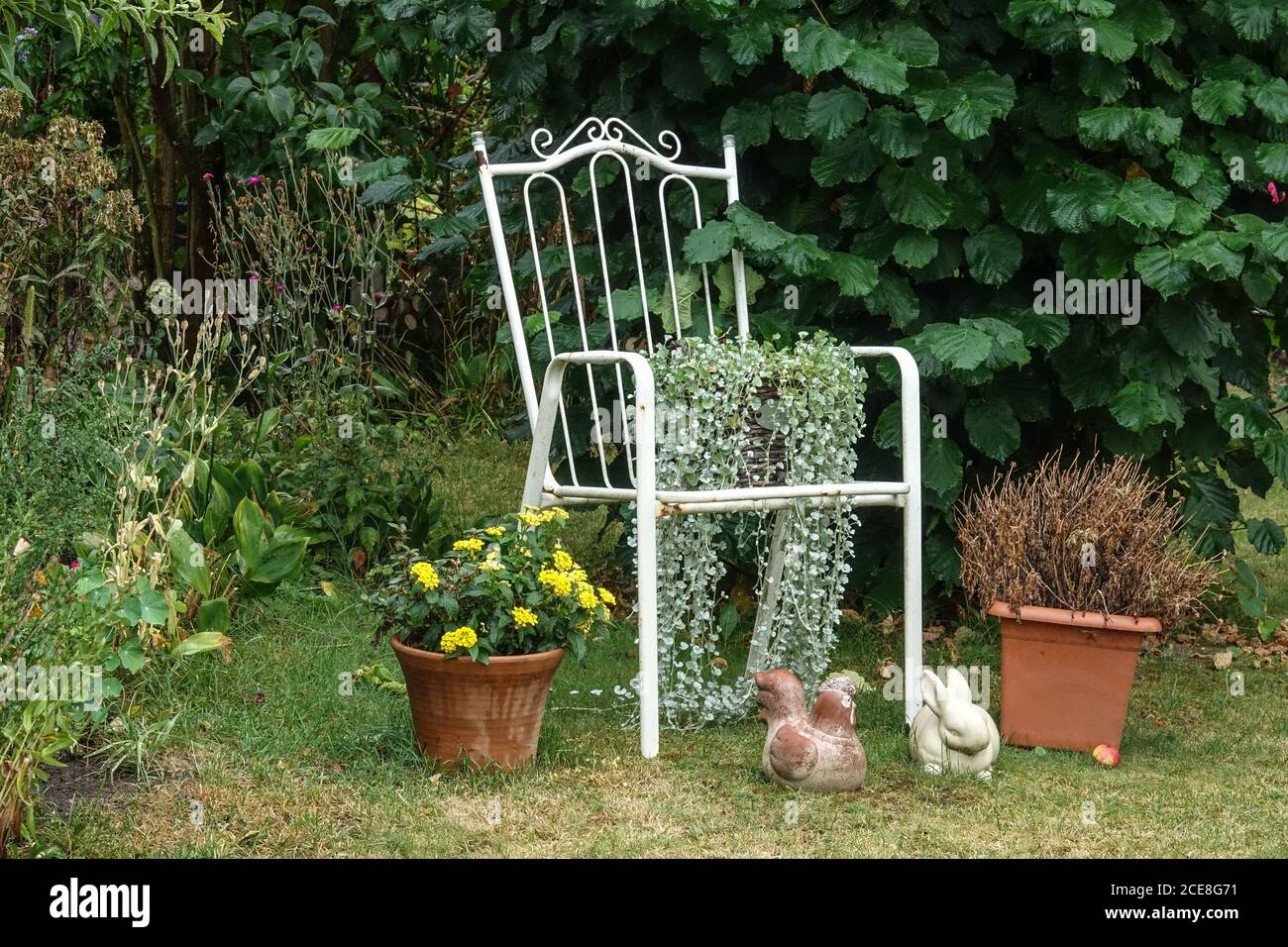 Nature morte avec une vieille chaise de jardin en acier peint en blanc dans le jardin août Banque D'Images