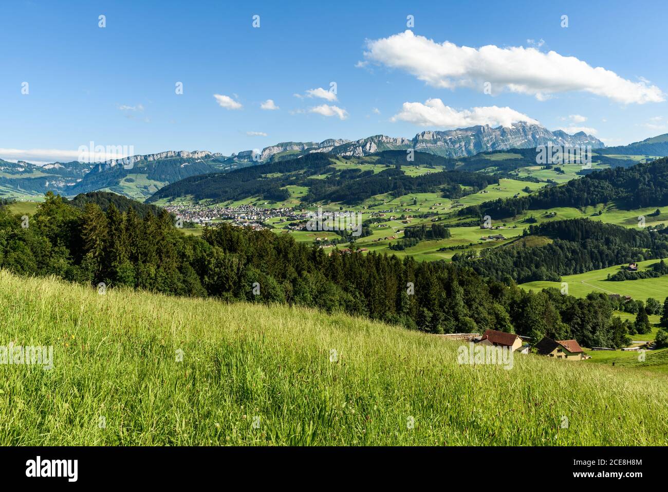 Les Appenzellerland avec vue sur la ville d'Appenzell et les montagnes de l'Alpstein avec les Saentis, canton d'Appenzell intérieur-Rhodes, Suisse Banque D'Images