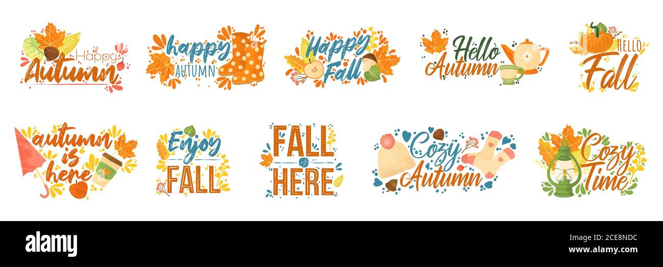 Jeu de typographies d'automne. Ensemble de guillemets d'automne avec éléments automns. Guillemets vectoriels isolés sur fond blanc. Jeu de caractères vectoriels tendance dessinés à la main avec Illustration de Vecteur