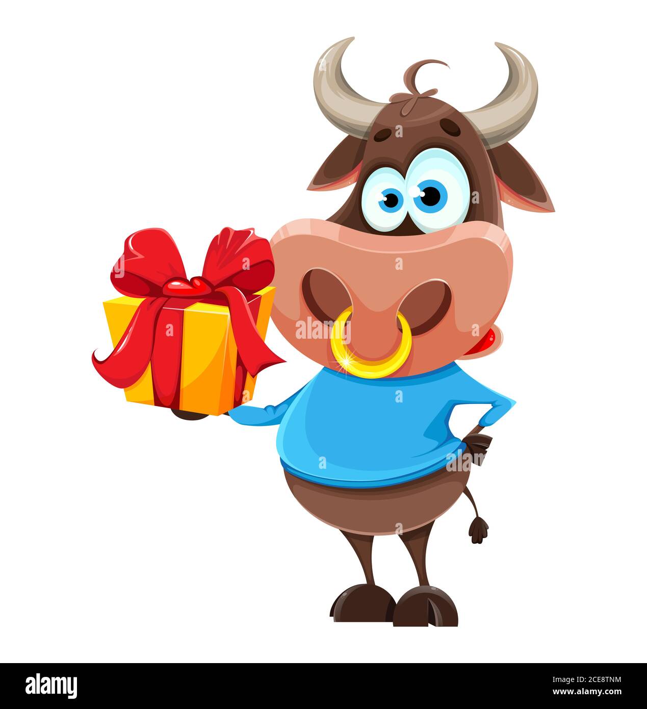 Mignon taureau, le symbole du nouvel an chinois, dessin animé buffle tenant boîte cadeau. Joyeux Noël 2021. Illustration vectorielle Illustration de Vecteur