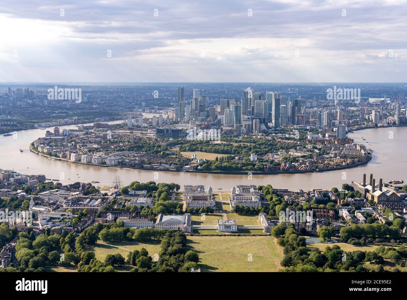 Vue aérienne de Londres avec Greenwich et l'île des chiens. Banque D'Images