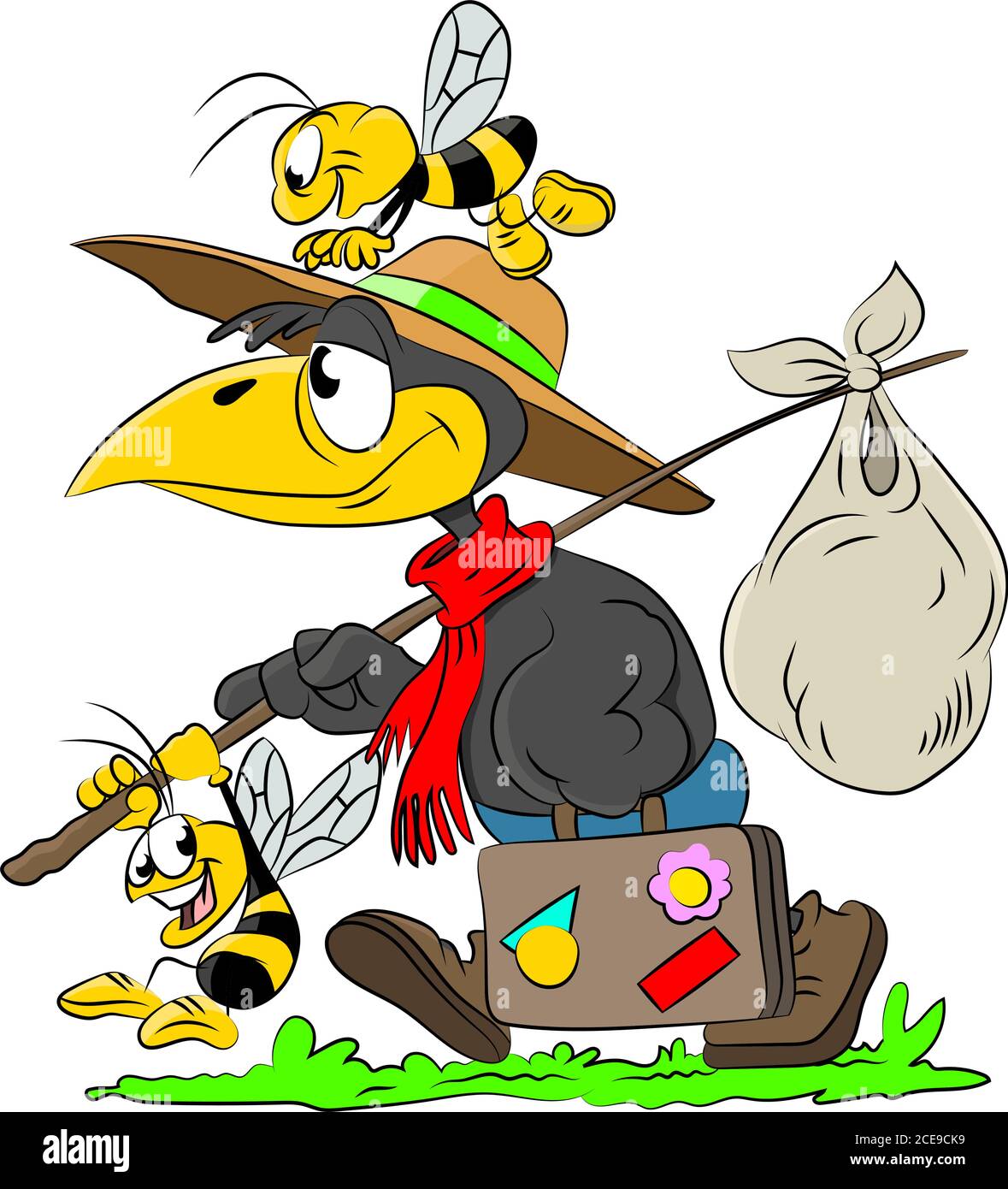 Un corbeau de dessin animé portant une valise est destiné à un vecteur de vacances illustration Illustration de Vecteur