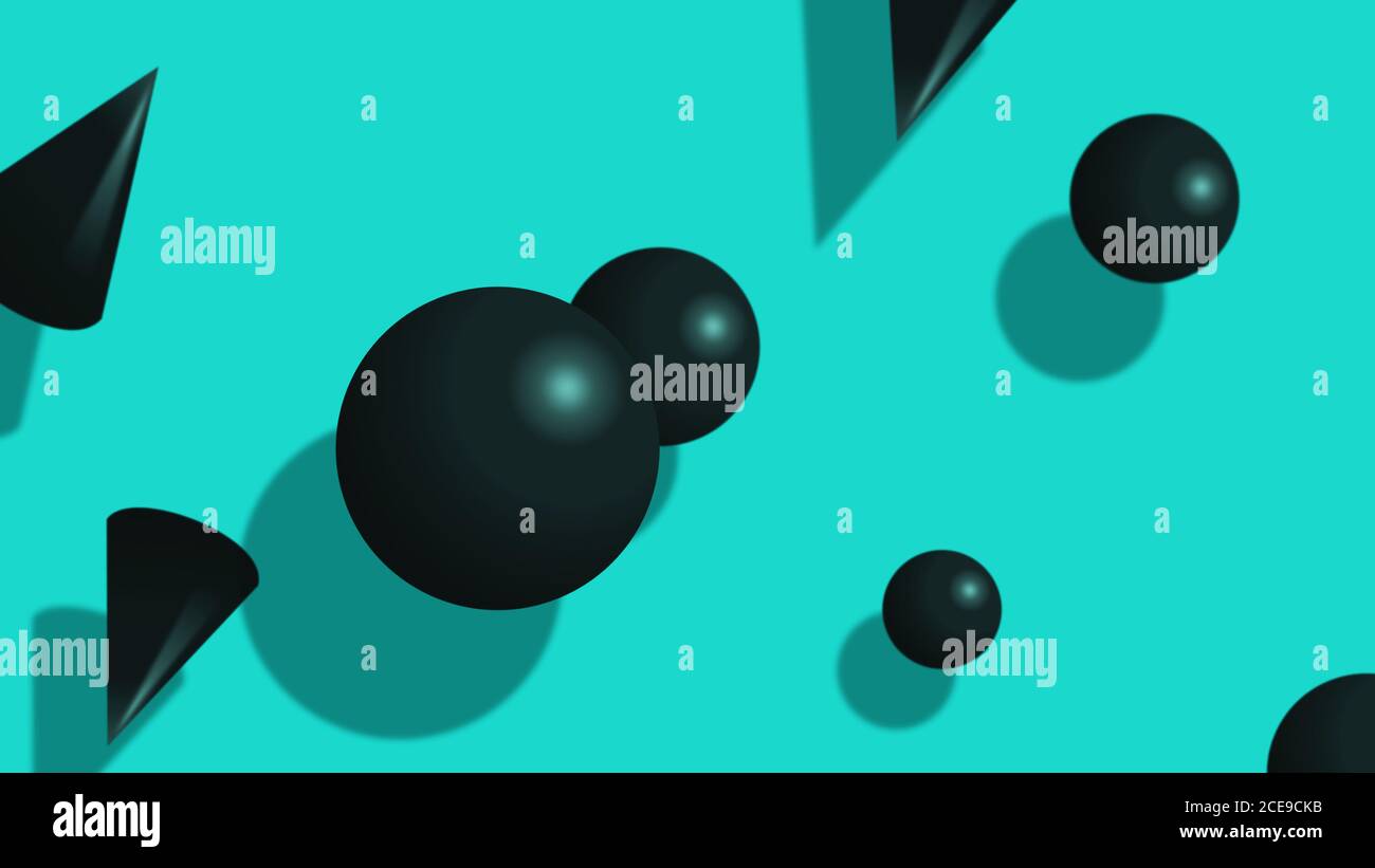 Formes géométriques noires dans l'air. Fond turquoise. Rendu 3D Banque D'Images