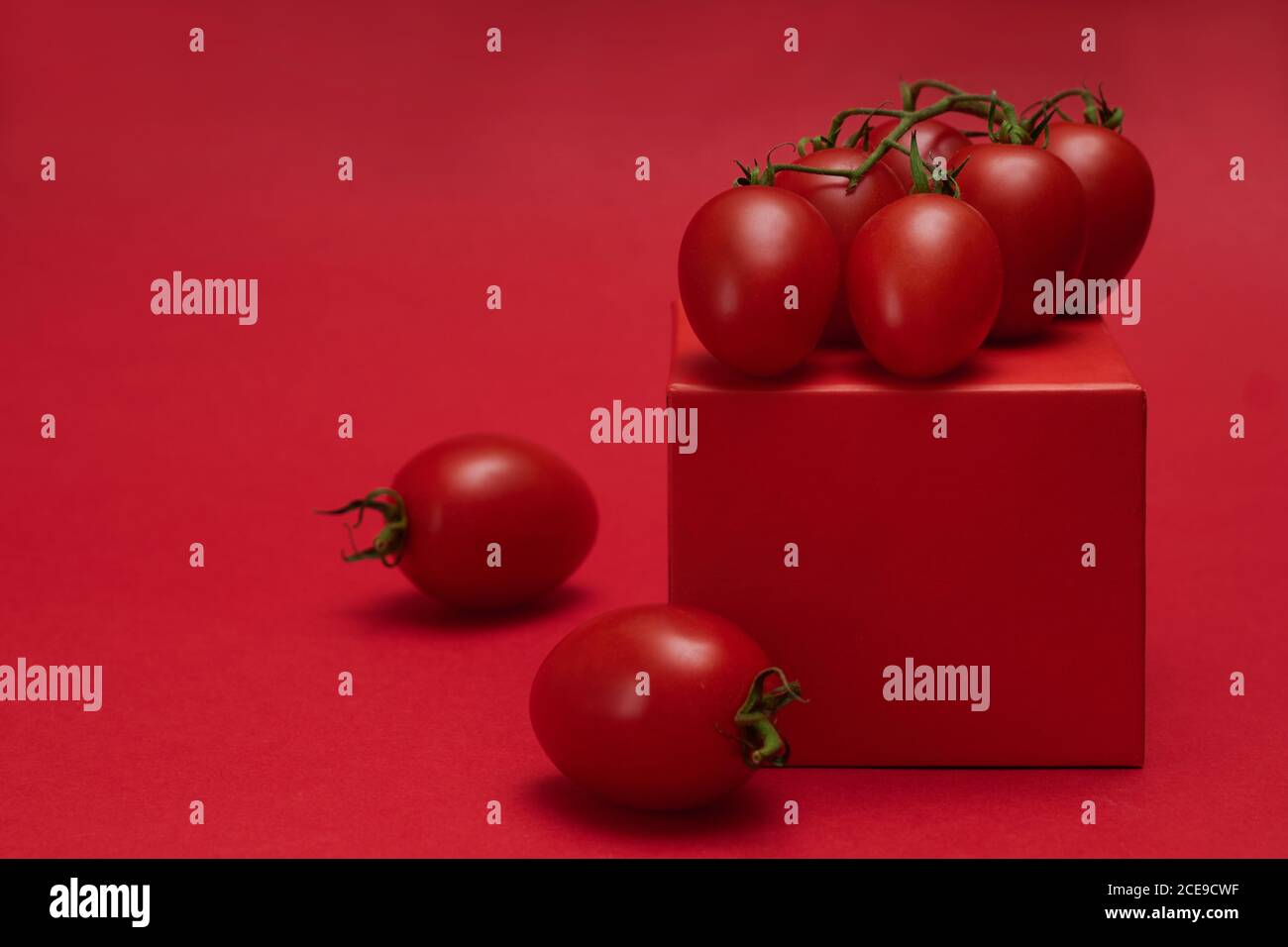 Tomates rouges sur une boîte sur fond rouge vif. CopySpace avec vue monochrome à la mode Banque D'Images