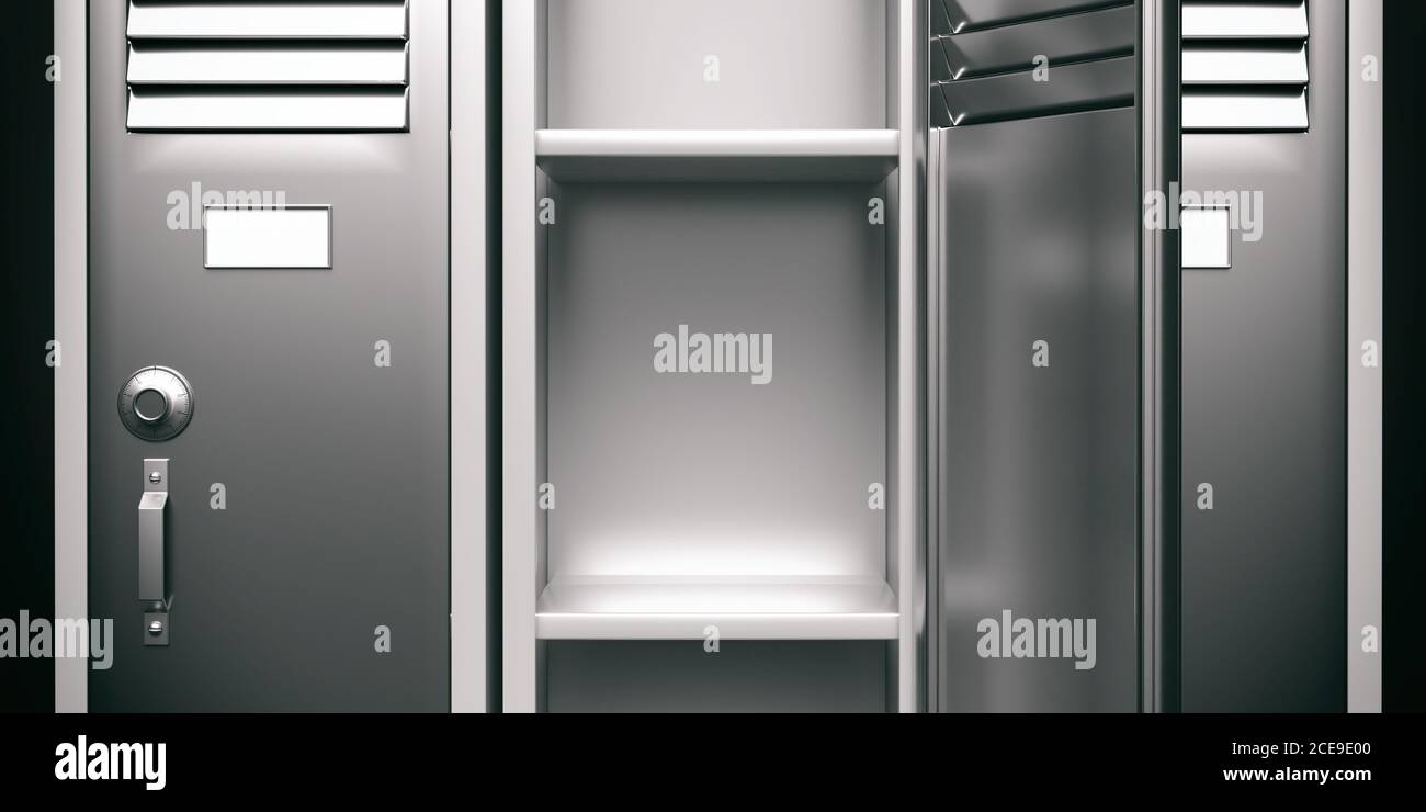 École, casier de gym vide porte ouverte. Armoire de rangement pour étudiants, gris argenté avec serrure combinée et étiquette blanche vierge. illustration 3d Banque D'Images