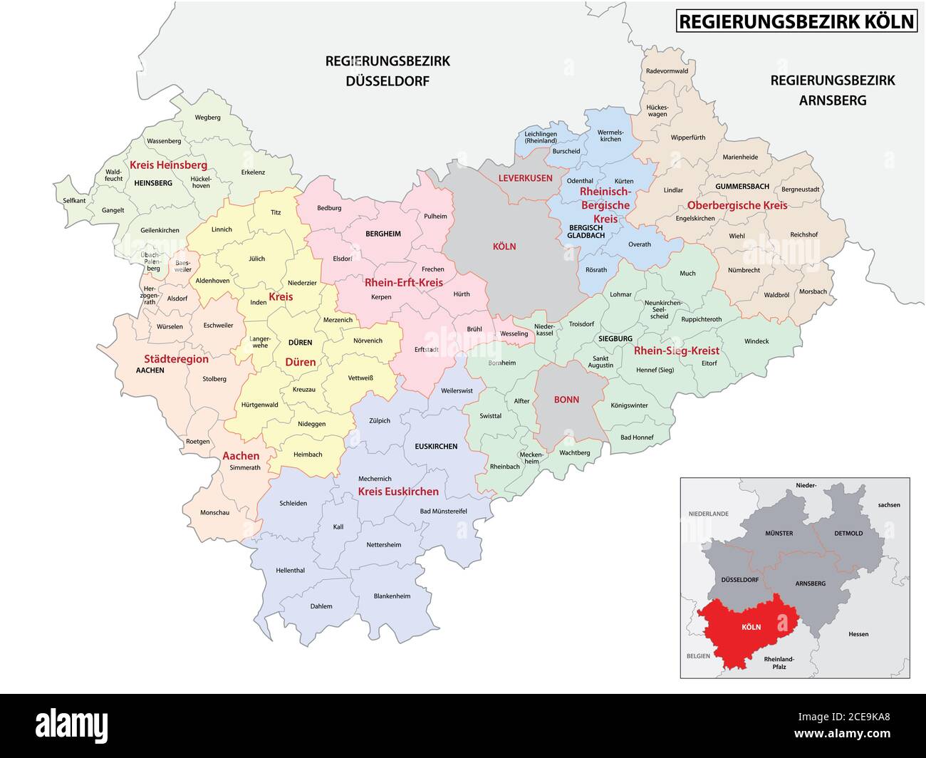 Carte vectorielle administrative de la région de Cologne en allemand, Rhénanie-du-Nord-Westphalie, Allemagne Illustration de Vecteur