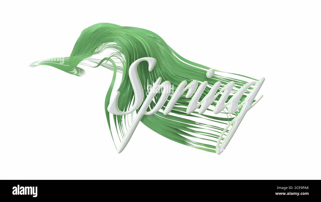 Le mot Spring lettering fait de blanc platique et de croissance vert et frais ondulée herbe. illustration 3d. Isolé sur fond blanc Banque D'Images