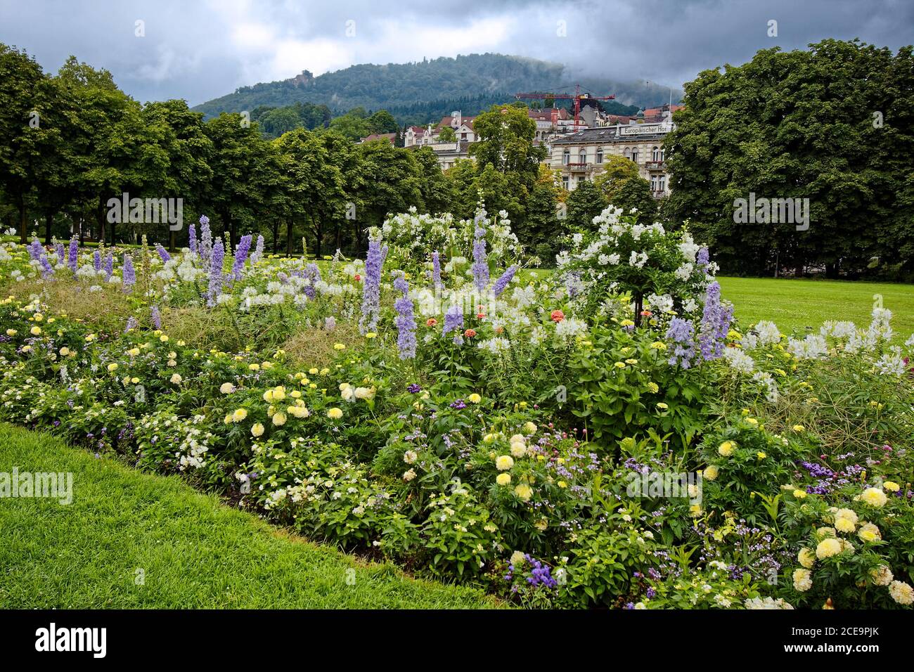 jardin, frontière florale, herbe verte, arbres, bâtiments de ville au-delà, colline, Cultural Mile; Europe, Baden Baden; Allemagne Banque D'Images