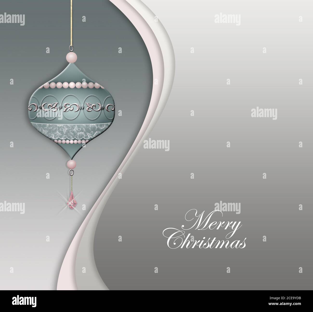 Boule de Noël de luxe suspendue décorée de bijoux perles roses sur fond vert pastel gris. Texte blanc Joyeux Noël. Placer pour le texte. Illustration 3D Banque D'Images