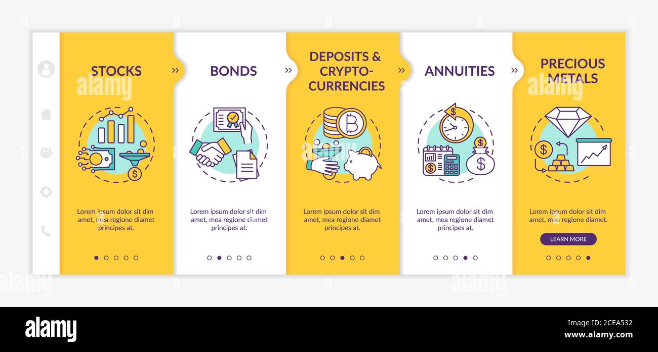 Modèle de scénario d'intégration des types de placement. Diversification du capital. Gestion financière site mobile réactif avec icônes. Parcours des pages Web s Illustration de Vecteur