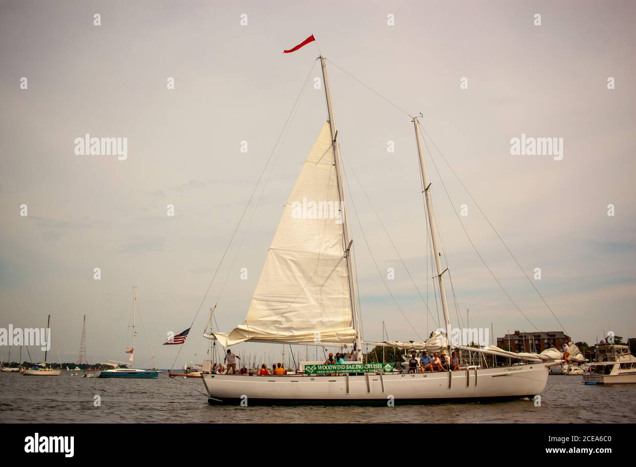 Annapolis, MD 08/21/2020: Un voilier de croisière sur la rivière appartenant aux croisières à voile Woodwind entre dans le quai de la ville d'Annapolis par une journée d'été. Il a un grand Banque D'Images