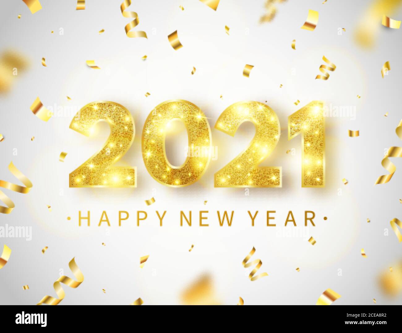 Carte du nouvel an 2021 avec chiffres dorés scintillants et confettis volants. Décor luxueux et lumineux. Décoration de Noël. Guirlande festive dorée Illustration de Vecteur
