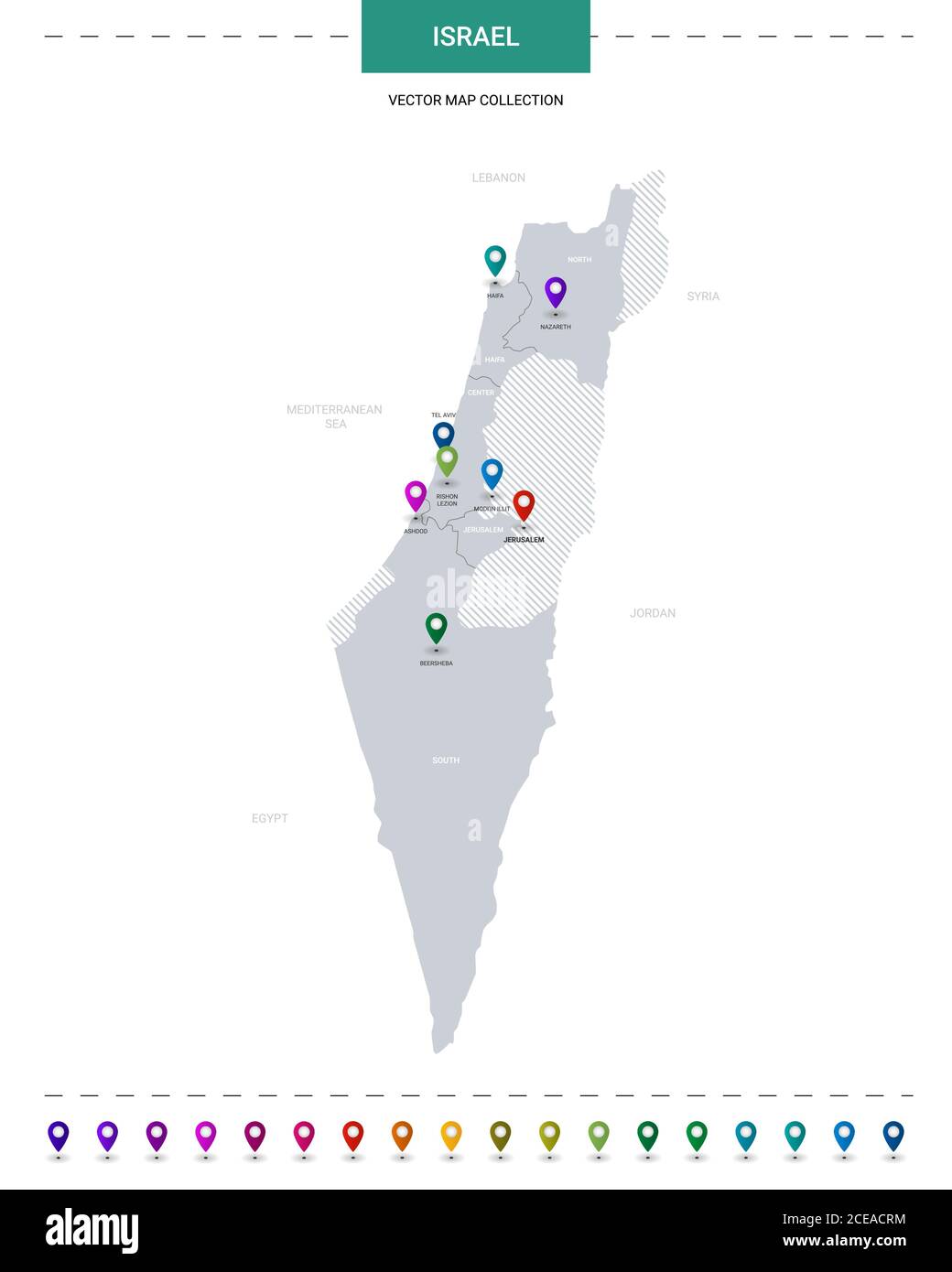 Carte Israël avec repères de localisation. Modèle vectoriel d'infographie, isolé sur fond blanc. Illustration de Vecteur