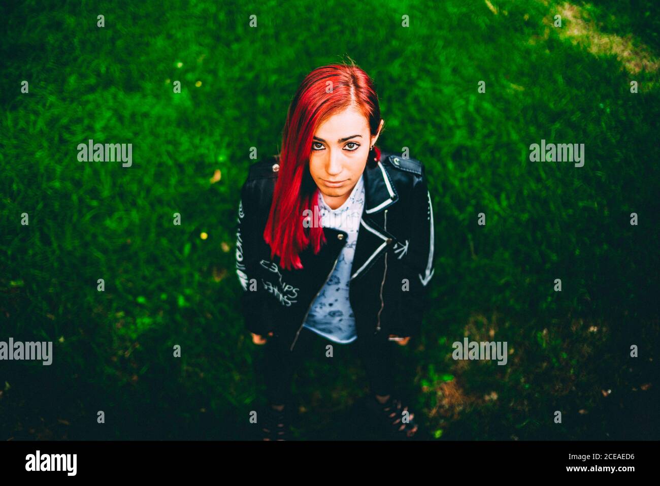 D'au-dessus chaud de la jeune fille avec des cheveux teints rouges porter une veste en cuir noir et regarder l'appareil photo sur le vert herbe Banque D'Images