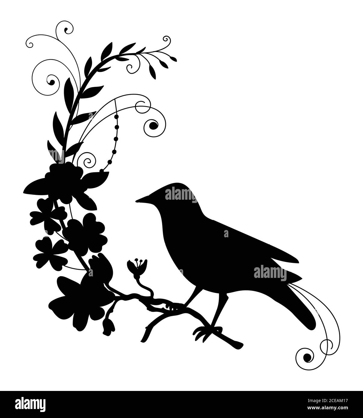 Modèle vectoriel oiseau et fleurs décoratives. Illustration de silhouette noire isolée sur blanc. Pour l'invitation à un mariage, le design, l'imprimé, le t-shirt, le déc. Maison Illustration de Vecteur