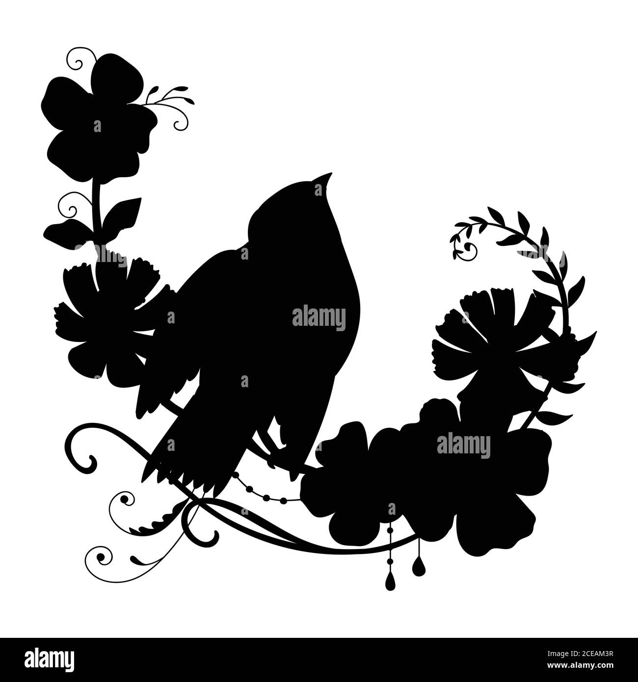 Modèle vectoriel drôle d'oiseau et de fleurs. Illustration de silhouette noire isolée sur blanc. Pour les invitations de mariage, le design, l'impression, le t-shirt, le décor, s Illustration de Vecteur