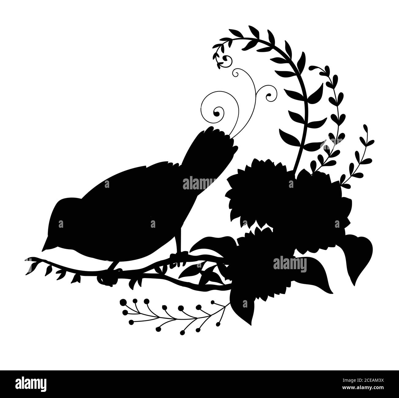 Modèle vectoriel joli petit oiseau et fleurs. Illustration de silhouette noire isolée sur blanc. Pour les invitations de mariage, le design, l'impression, le t-shirt, la maison de Illustration de Vecteur