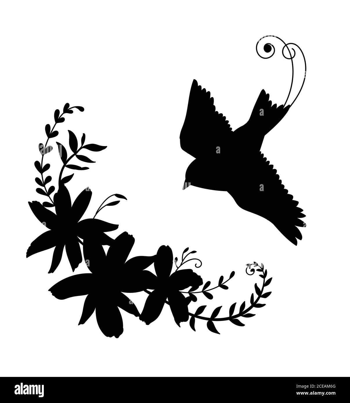 Modèle vectoriel vol d'oiseau et de fleurs. Illustration de silhouette noire isolée sur blanc. Pour les invitations de mariage, le design, l'impression, le t-shirt, la décoration, Illustration de Vecteur