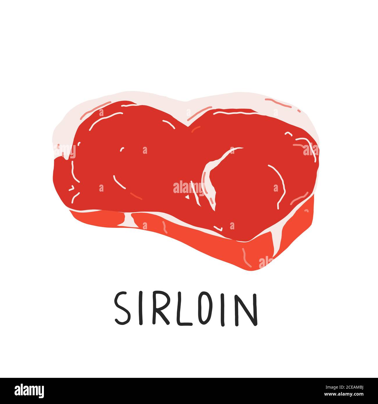 Steak de sirloin, viande non cuite, bœuf coupé illustré, illustration vectorielle réaliste isolée sur fond blanc, bonne icône pour le boucher. Illustration de Vecteur