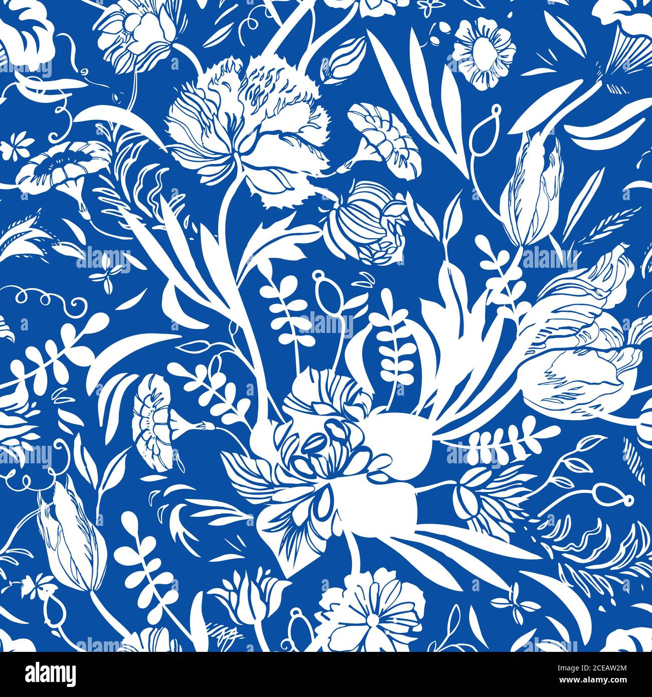 Vector Classic Royal porcelaine bleu royal dessiné à la main élégant motif  floral sans couture avec dessin au trait et fleurs découpées sur fond bleu.  Arrière-plan de la nature. Conception de la
