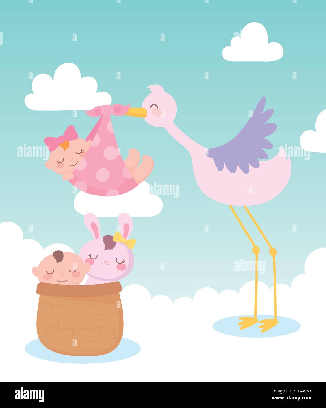 Douche De Bebe Cigole Avec Bebe Fille Et Petit Garcon Et Lapin Dans Le Panier Celebration Bienvenue Illustration Vecteur Nouveau Ne Image Vectorielle Stock Alamy