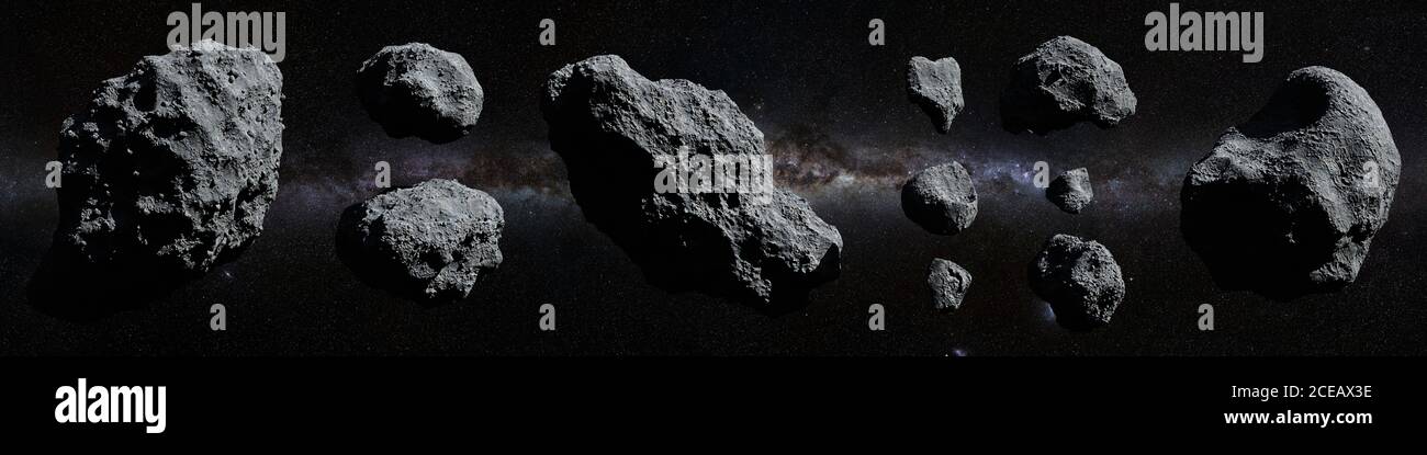 Ensemble d'astéroïdes devant la galaxie de la voie lactée Banque D'Images