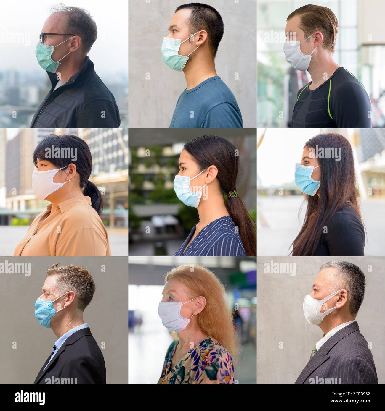 Vue du profil de collage des personnes portant un masque facial de protection Banque D'Images