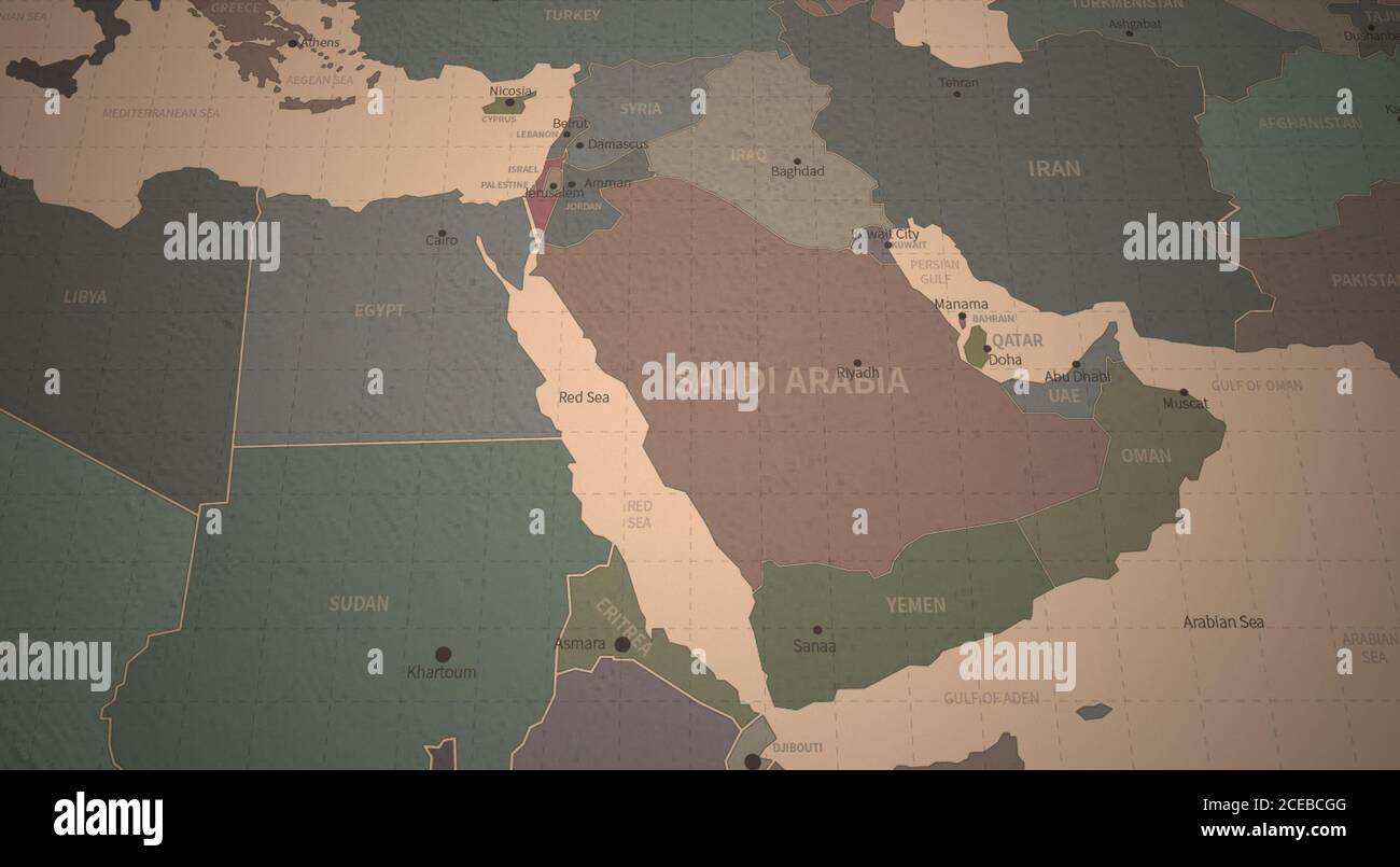 Carte arabe. Carte continentale détaillée du monde sur papier d'époque. Banque D'Images