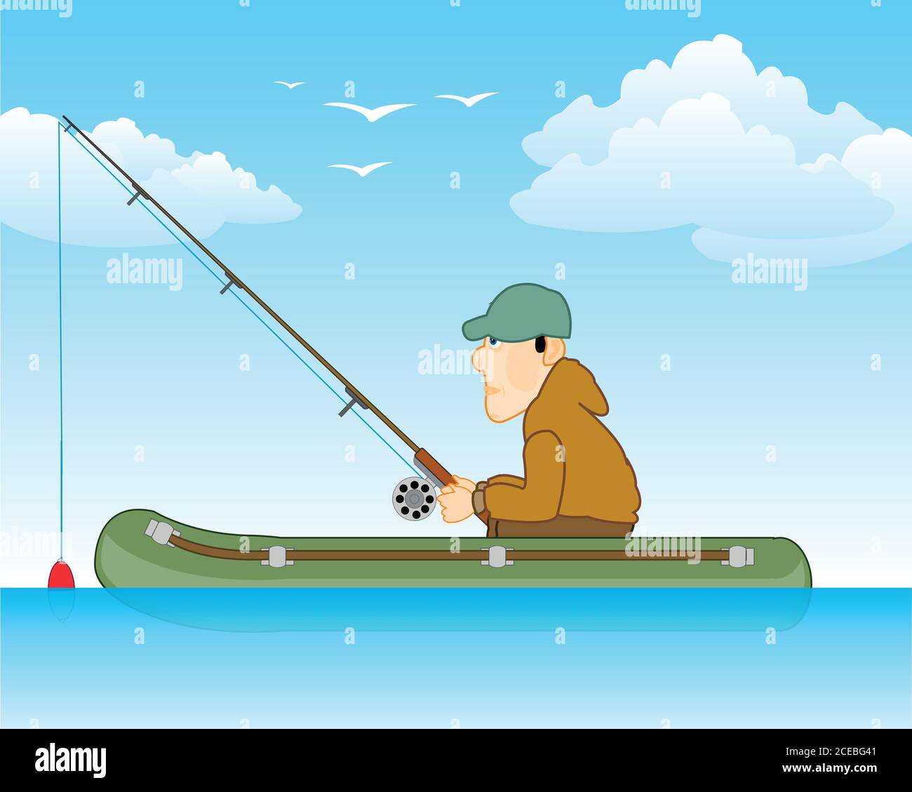 Pêcheur sur la rivière en bateau de caoutchouc va pêche Illustration de Vecteur