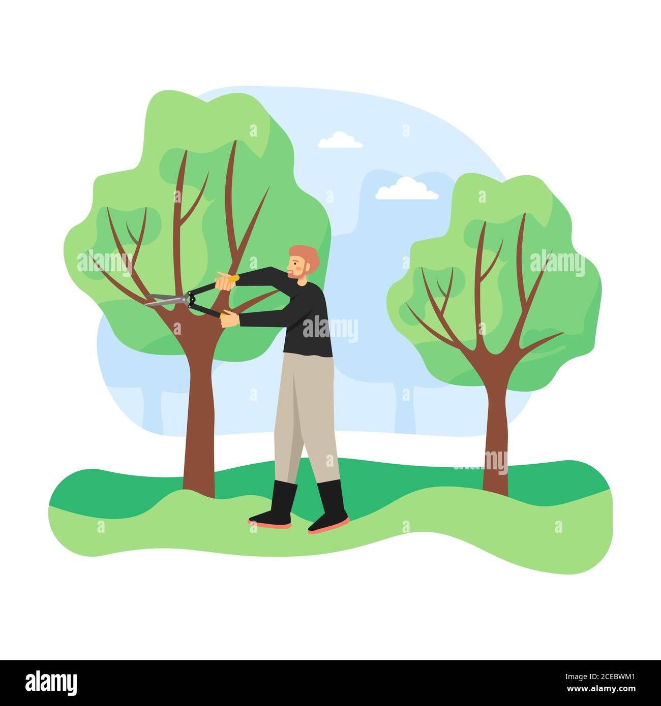 Jeune homme, jardinier élagage de l'arbre en coupant les branches mortes avec un élaguer, illustration vectorielle plate Illustration de Vecteur