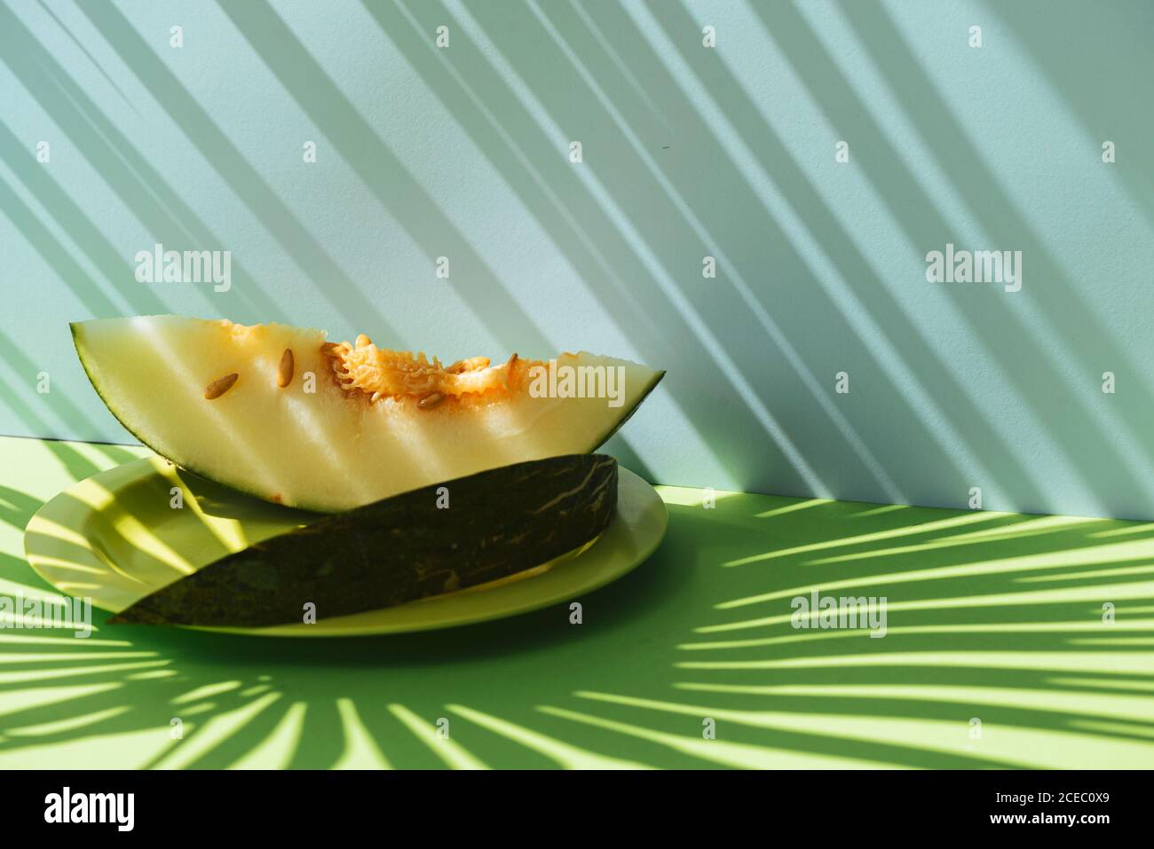 Demi-peau de crapaud de Melon coupée en coupe. Thème estival coloré. Sur fond bleu et vert, ombres des feuilles de palmier Banque D'Images