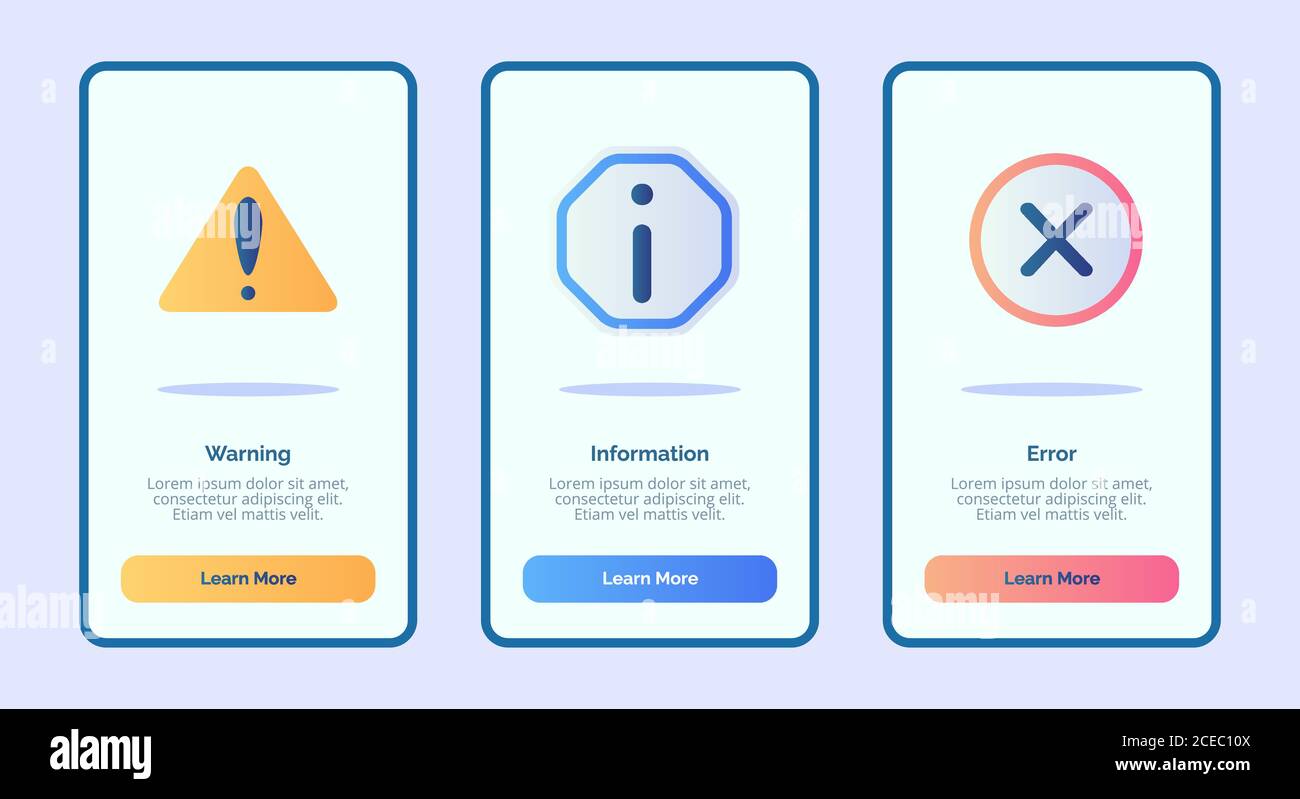 Erreur d'informations d'avertissement pour l'interface utilisateur de la page de garde du modèle d'applications mobiles avec trois variantes style moderne de couleur plate Illustration de Vecteur