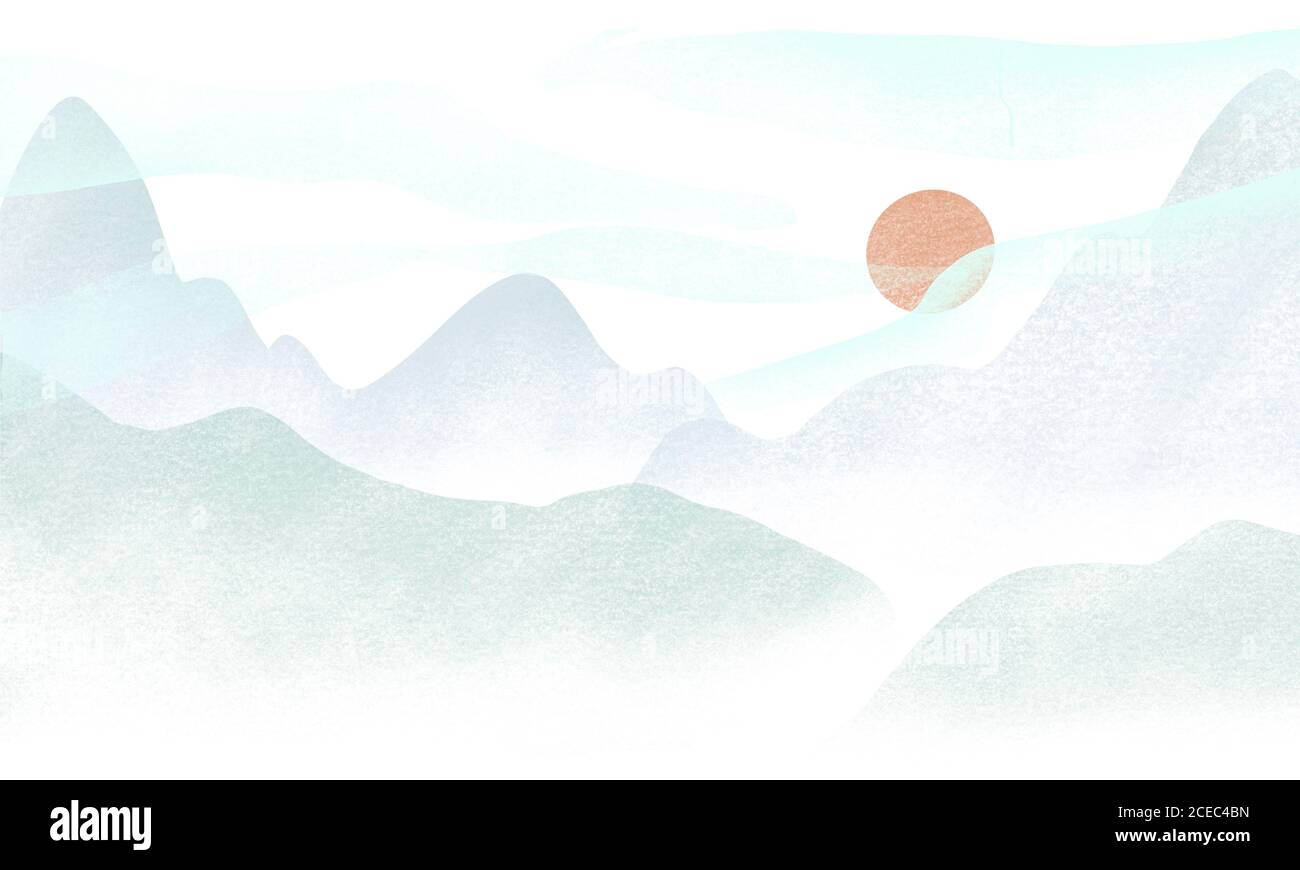 Peinture numérique de la vue sur la montagne le matin. Illustration de style est-asiatique. Design pour la publicité de voyage, bannières, dépliants, cartes, cartes postales. Banque D'Images