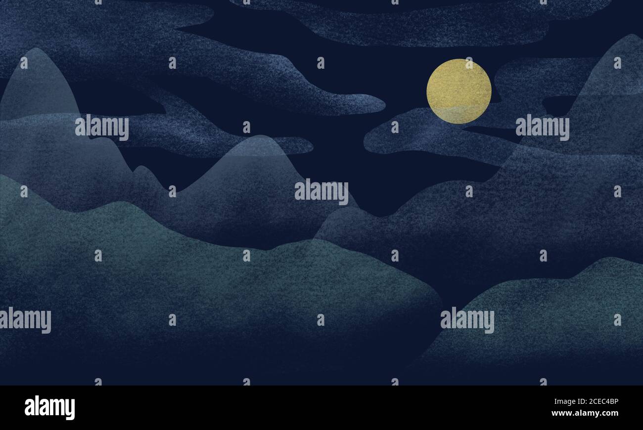 Peinture numérique de la vue sur la montagne dans la nuit. Illustration de style est-asiatique. Design pour la publicité de voyage, bannières, dépliants, cartes, cartes postales. Banque D'Images