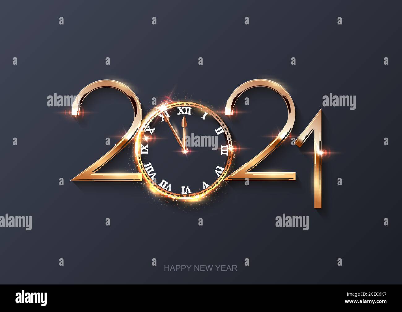 Horloge et numéro du nouvel an lumineux et lumineux sur fond gris Illustration de Vecteur