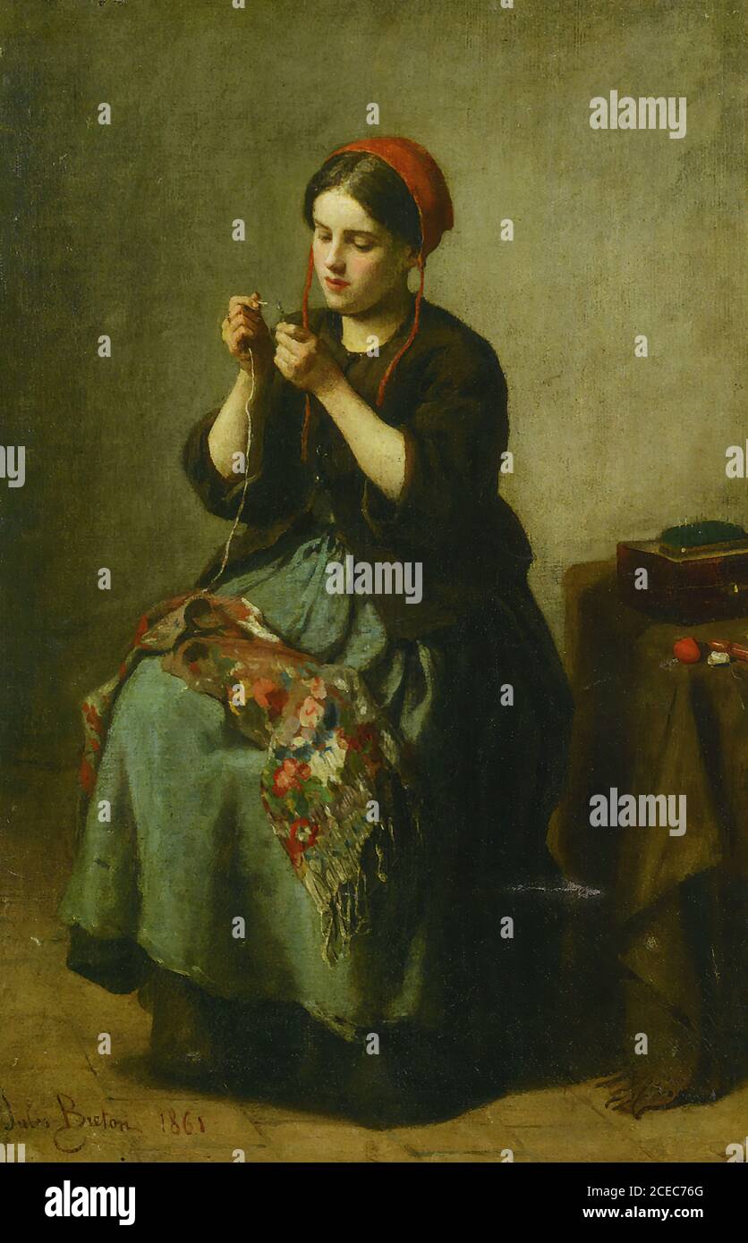 Jules Breton - paysanne filetage d'une aiguille - Français École - 19e siècle Banque D'Images