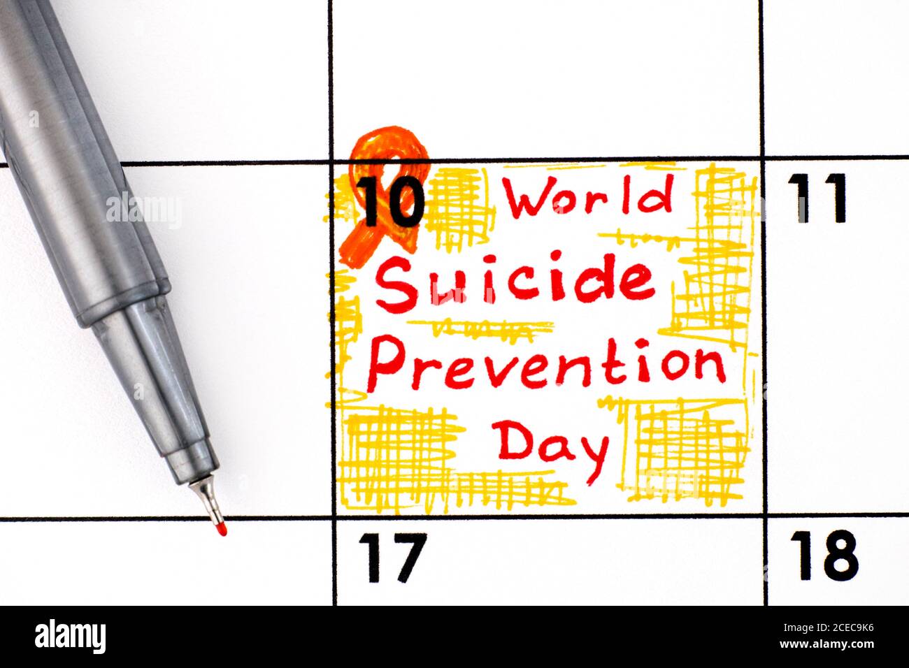 Rappel Journée mondiale de prévention du suicide dans le calendrier avec stylo. Septembre 10. Banque D'Images