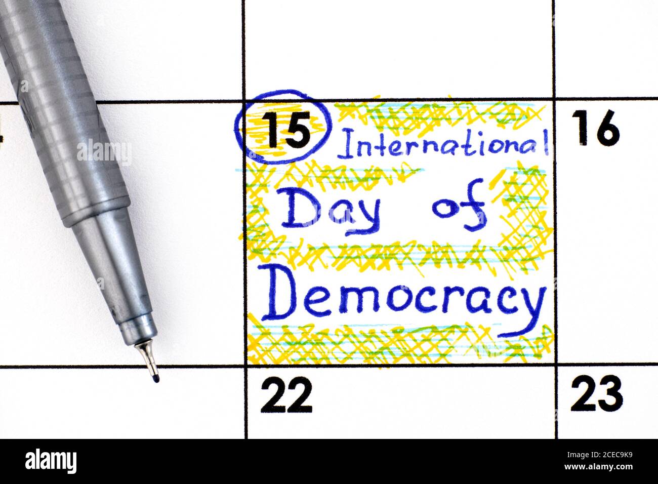 Rappel Journée internationale de la démocratie dans le calendrier avec PEN. Septembre 15. Banque D'Images