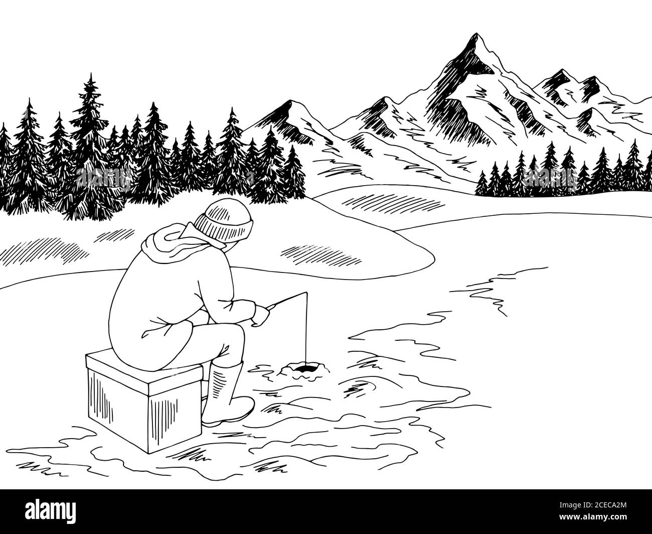 Hiver pêche homme graphique noir blanc paysage esquisse illustration vecteur Illustration de Vecteur