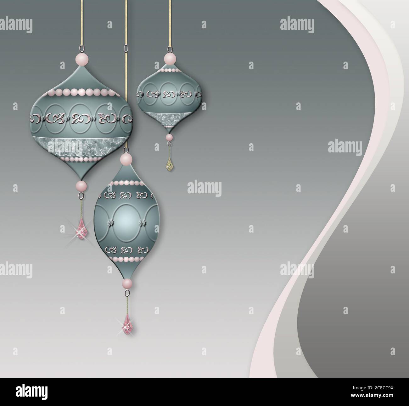Bijoux de luxe boules boules de Noël pour carte, invitation, imprimé d'en-tête et web design sur fond pastel. Illustration 3D Banque D'Images