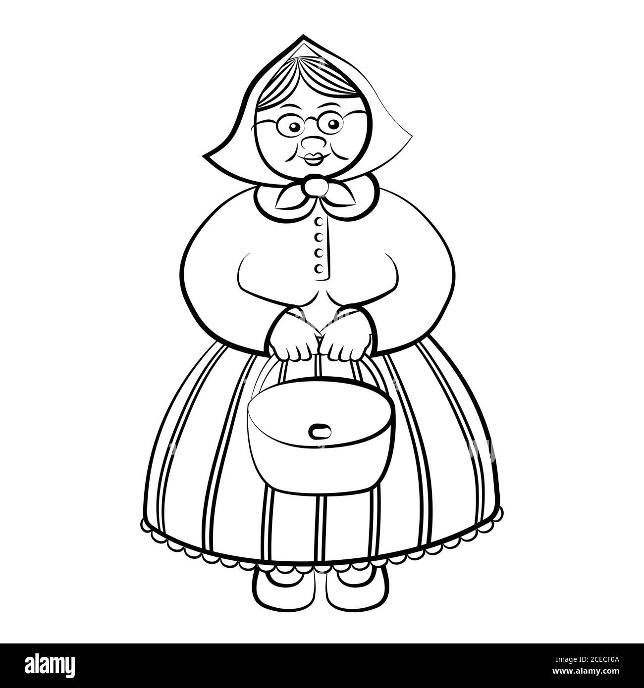 Caricature drôle Granny sac de maintien dans les deux mains, souligné - pour livre de coloriage. Grand-mère attendant le bus. Illustration de l'esquisse. Illustration de Vecteur