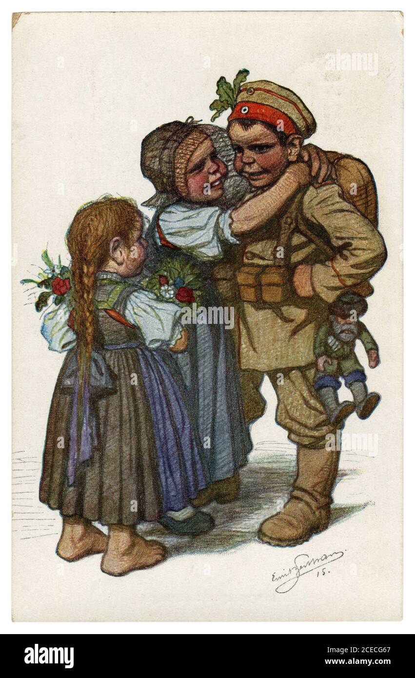 Carte postale historique allemande: Les enfants comme adultes: Le soldat est retourné à sa famille de la guerre, Allemagne, la première guerre mondiale, 1915, par Beithan Emil Banque D'Images