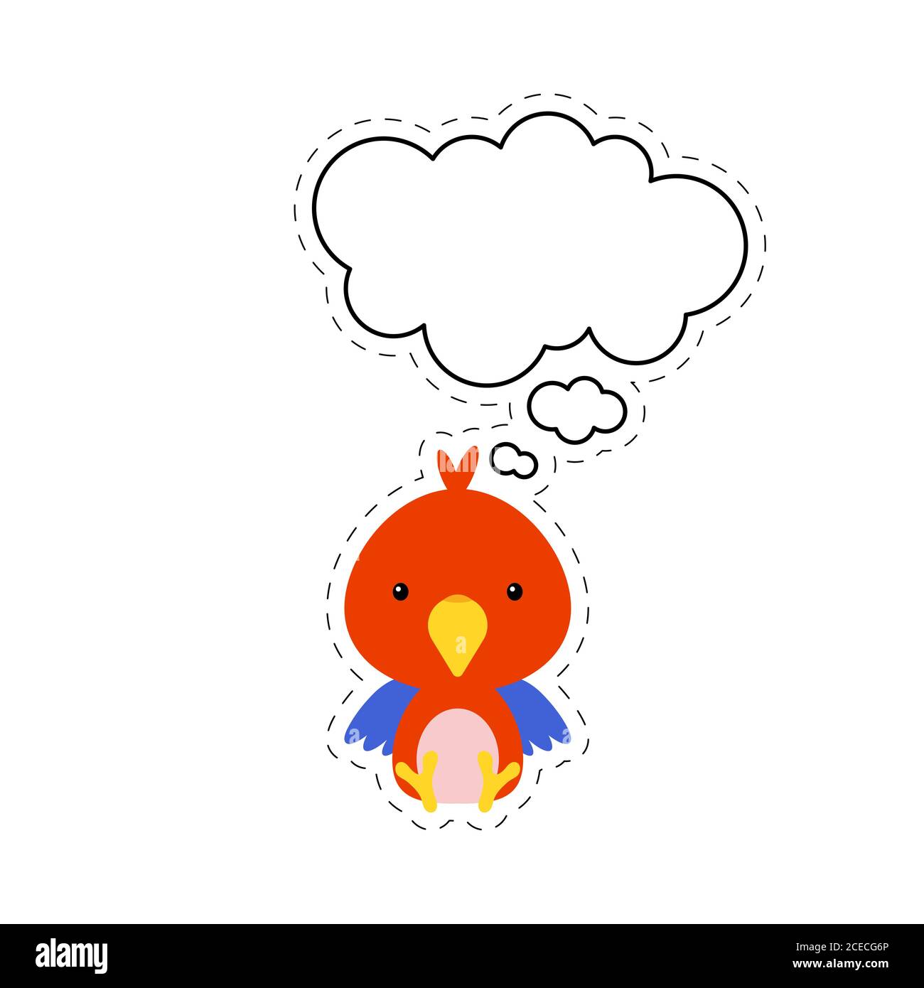Joli perroquet de dessin animé avec autocollant à bulle de discours. Caractère kawaii sur fond blanc. Bande dessinée assis animal carte postale clipart pour anniversaire bébé douche Illustration de Vecteur